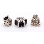 A SELECTION OF 3 STERLING SILVER CHAMALIA CHARMS TO INCLUDE: SNOWFLAKE, BUDDHA & DICE 9.4G SC 4140