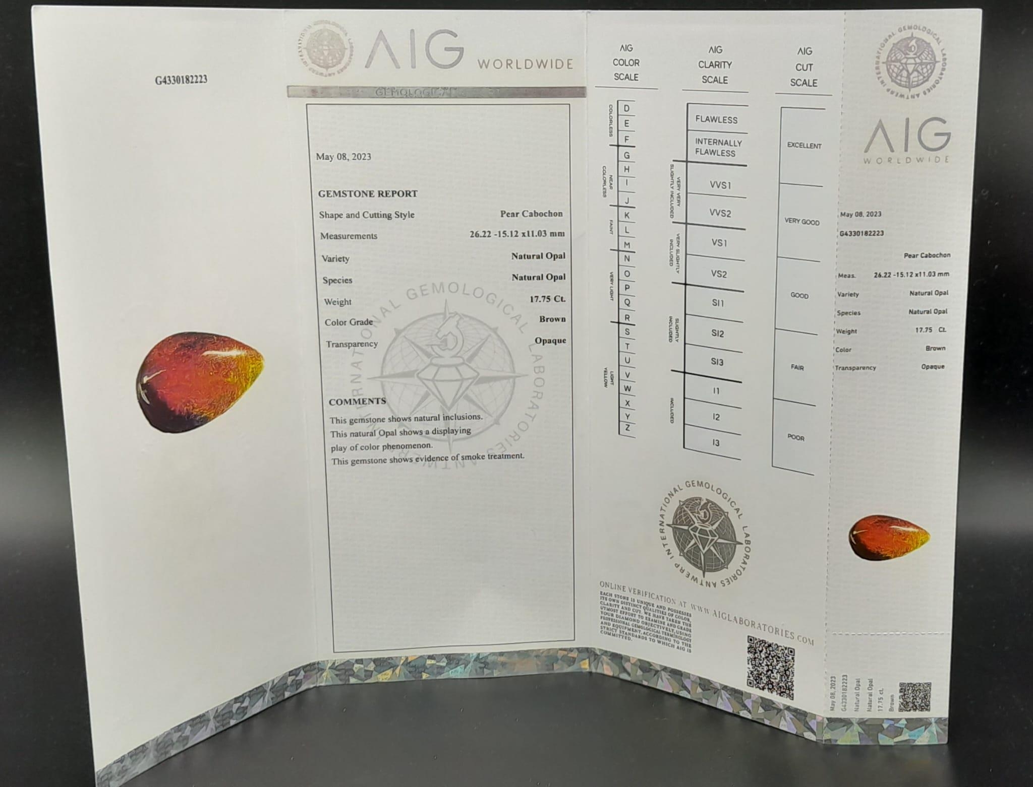 A 17.75ct Multicolour Fire Effect Natural Ethiopian Opal Gemstone. Sealed in a box. AIG Milan - Image 6 of 6