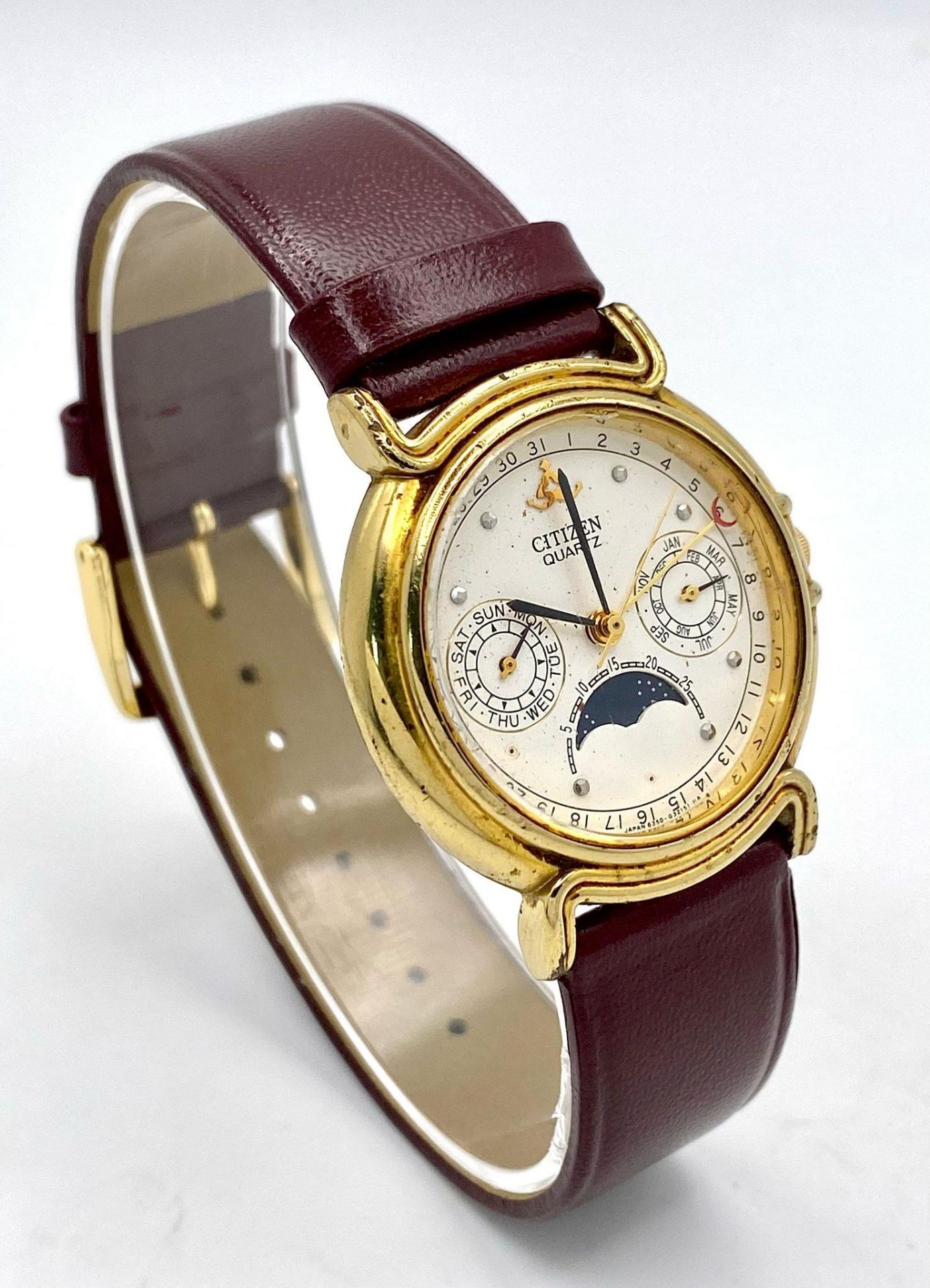 A Citizen Quartz Moonphase Unisex Watch. Burgundy leather strap. Gilded case - 33mm. In working - Image 7 of 7