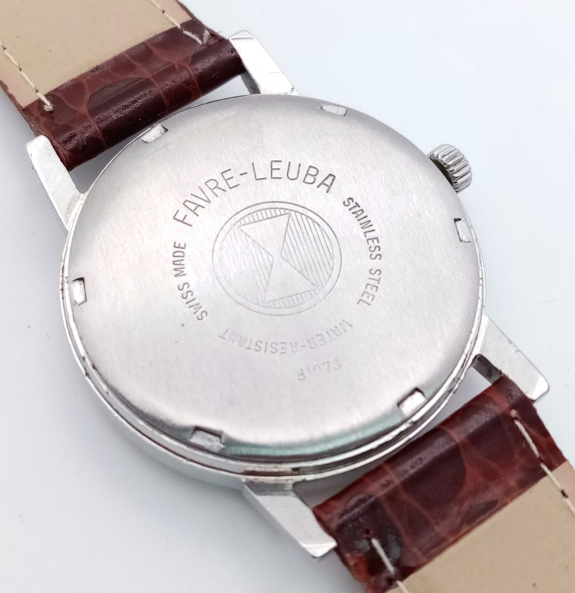 A Vintage Favre-Leuba Sea-Chief Gents Watch. Brown leather strap. Stainless steel case - 35mm. White - Image 5 of 6