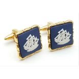 An Unworn Pair of Square Gold Tone Sir France Drake’s Ship ‘Golden Hind’ Blue Jasper Cufflinks by