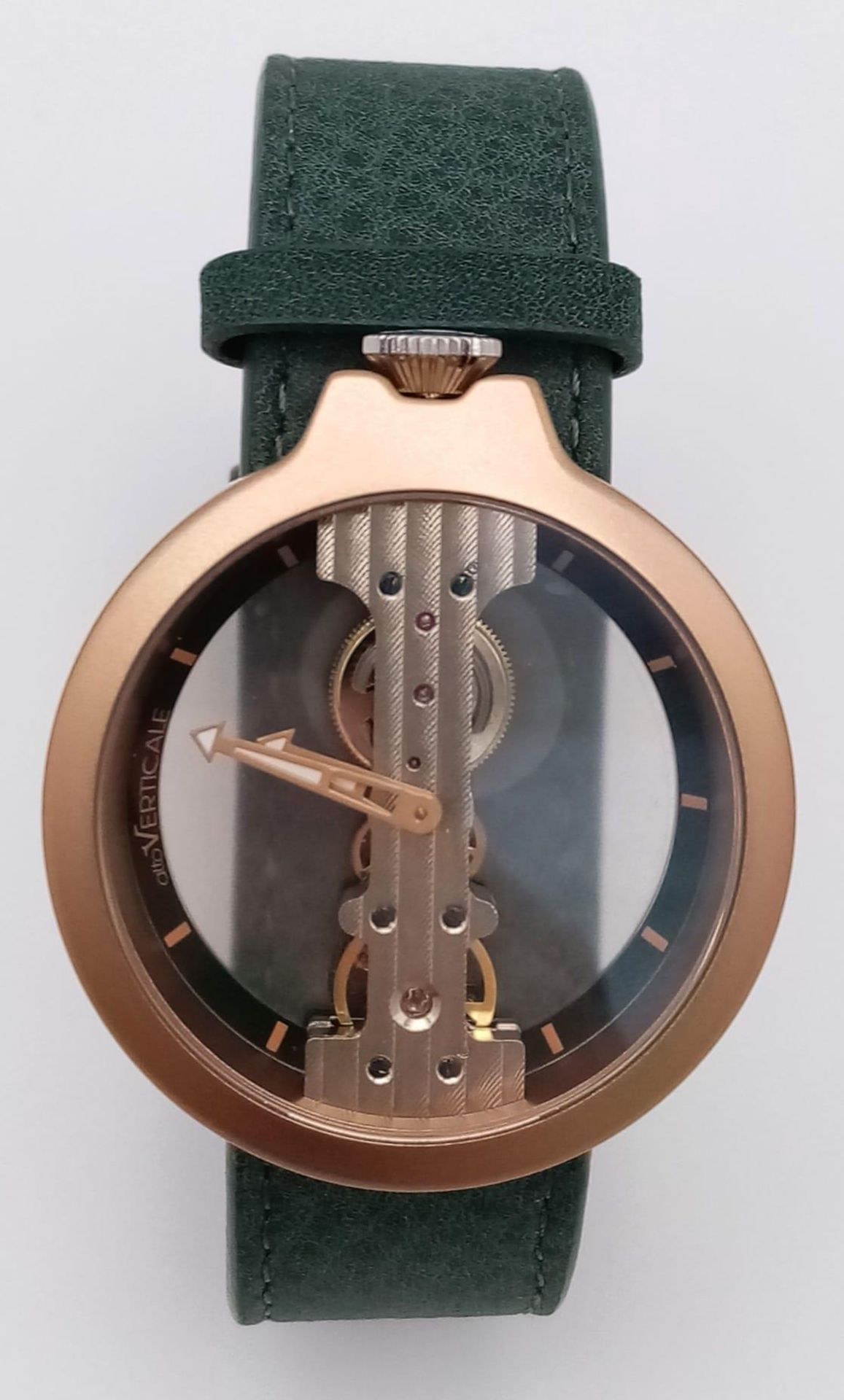 A Verticale Mechanical Top Winder Gents Watch. Green leather strap. Gold tone ceramic gilded - Image 2 of 7