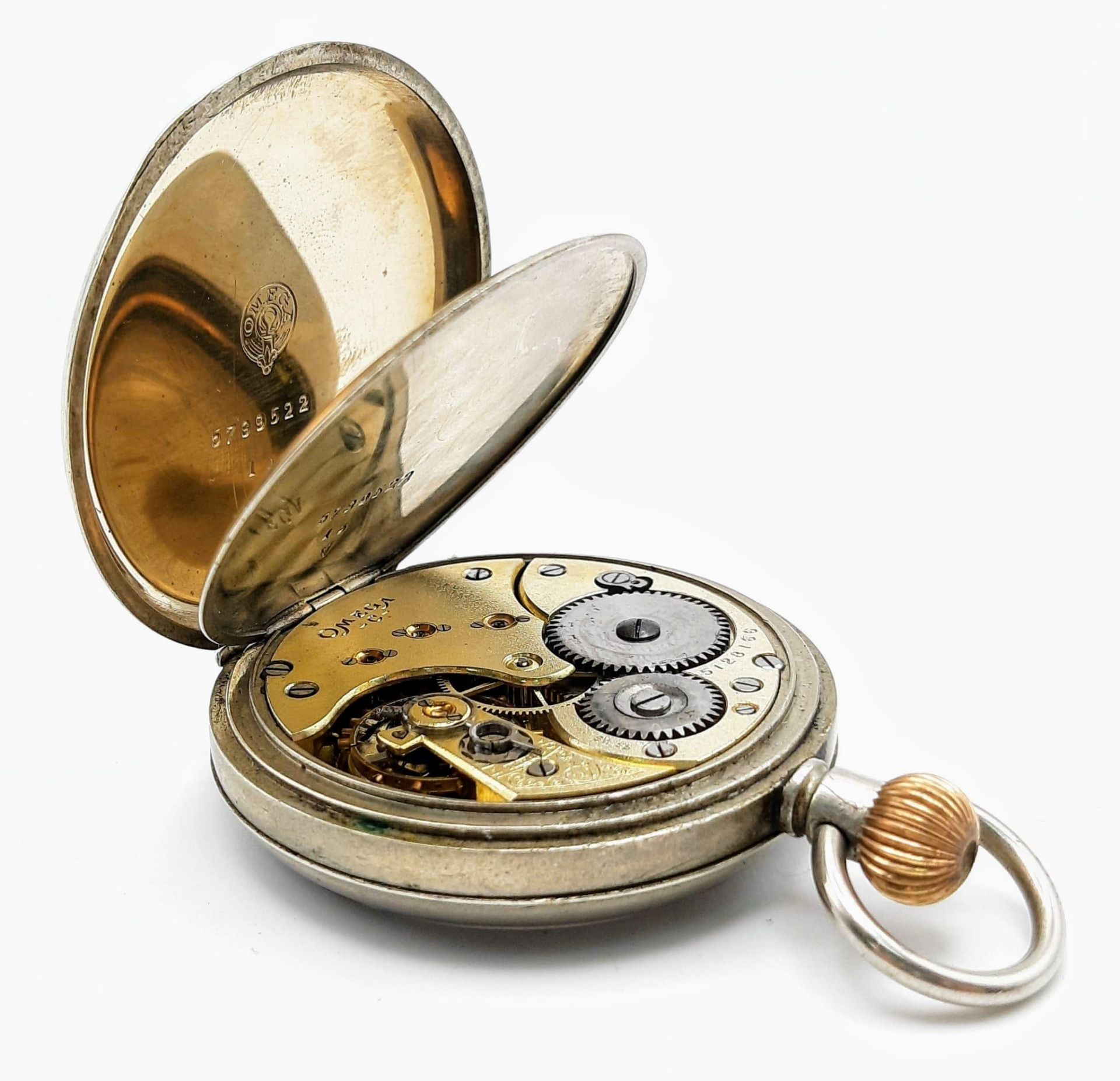 An Antique (WWI Era) Omega White Metal Pocket Watch. 5128166 movement. White dial with second sub - Bild 3 aus 6