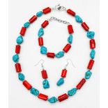 A substantial, chunky red coral and turquoise nugget necklace, bracelet and earrings set, in a