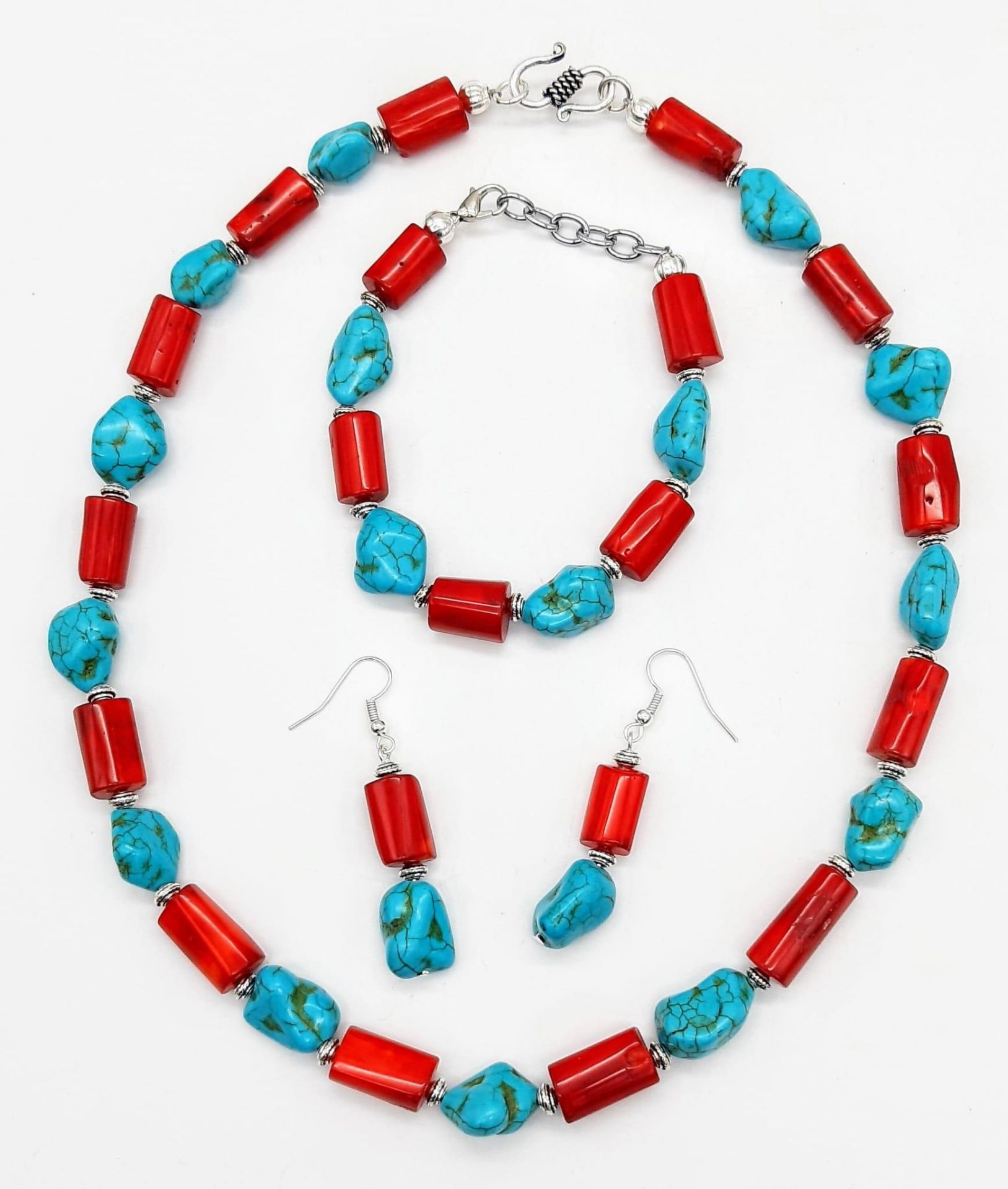 A substantial, chunky red coral and turquoise nugget necklace, bracelet and earrings set, in a