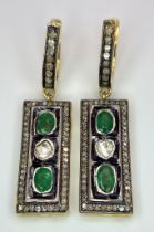 A Pair of Zambian Emerald & Old Cut Diamond Bar Earrings set in Gold Plated 925 Silver. Emerald- 0.