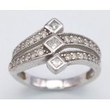 9K WHITE GOLD FANCY 3 ROW DIAMOND RING, APPROX 0.45CT DIAMONDS, WEIGHT 4.4G SIZE N