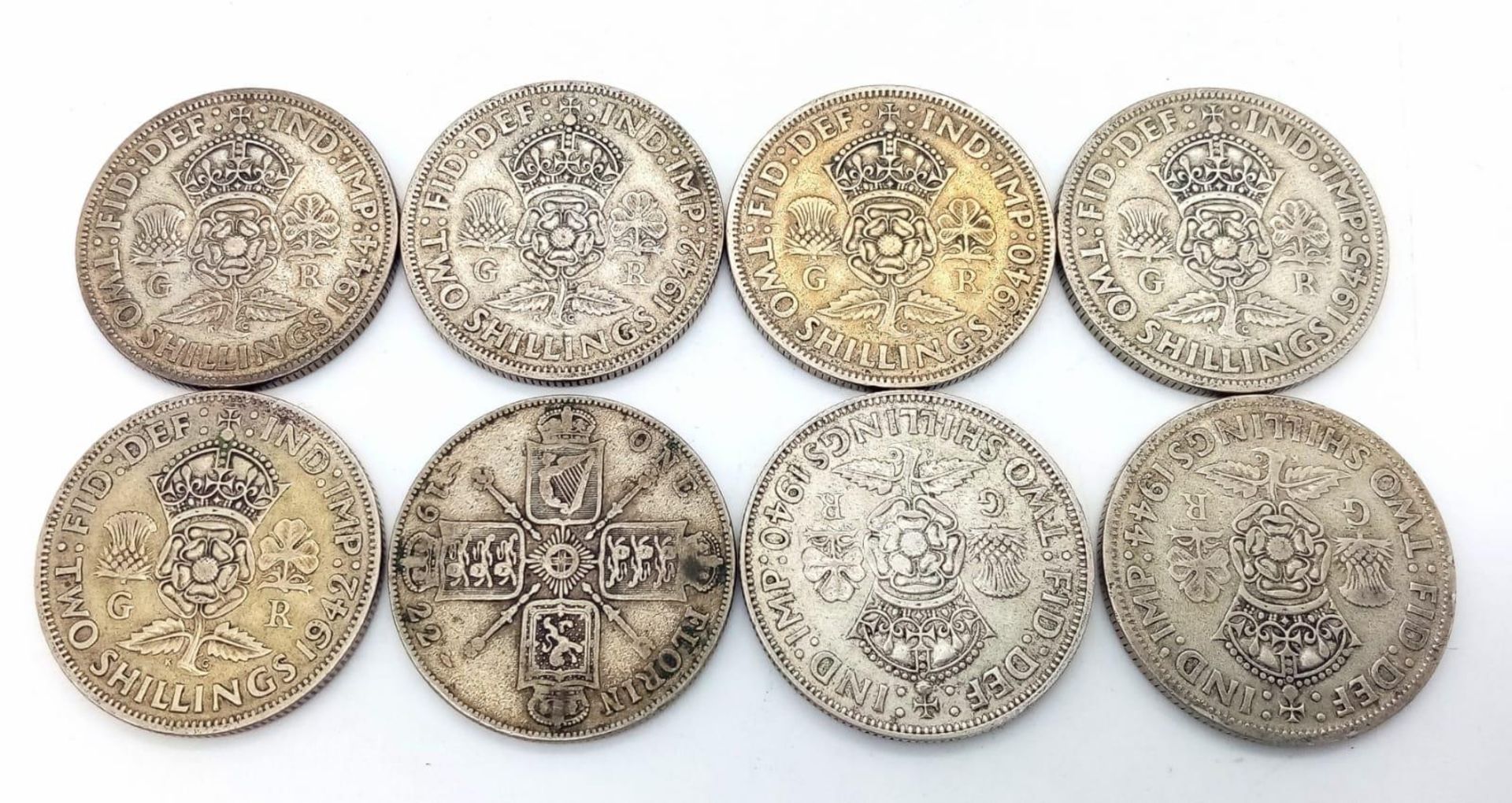 A Parcel of Eight Pre-1947 Silver Two Shilling Coins (Florins) Dates 1922-1946, Including WW2 - Image 2 of 3