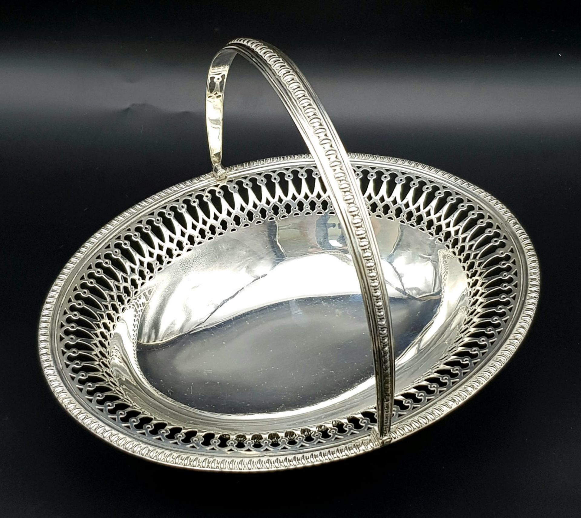 An Antique Sterling Silver Oval Swing Handled Cake/Bread Basket. Pierced geometric and beaded - Image 2 of 9