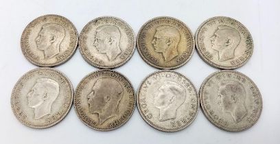 A Parcel of Eight Pre-1947 Silver Two Shilling Coins (Florins) Dates 1922-1946, Including WW2