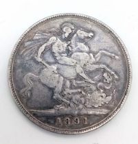A Very Fine Condition 1891 Queen Victoria Silver Crown Coin. 27.88 Grams.