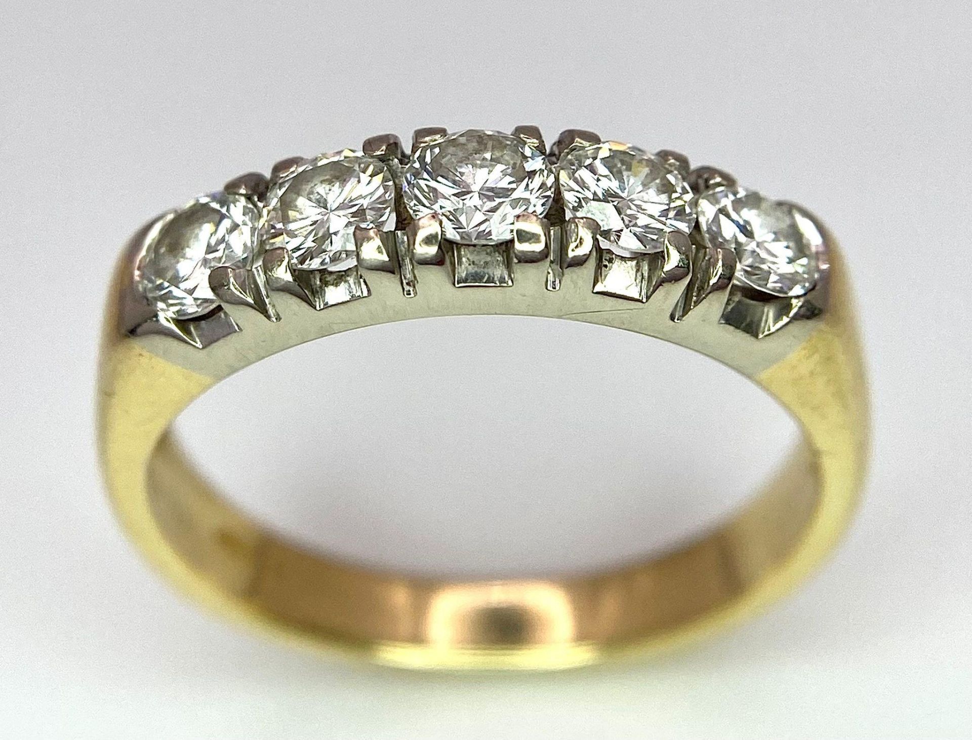 An 18K Yellow Gold Five Stone Diamond Ring. 0.85ctw of brilliant round cut diamonds. Size L. 3.6g - Image 5 of 8