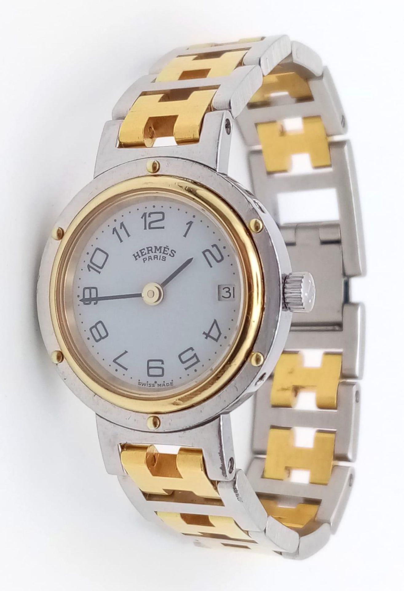 A Designer Hermes Quartz Ladies Watch. Two tone stainless steel bracelet and case - 25m. White
