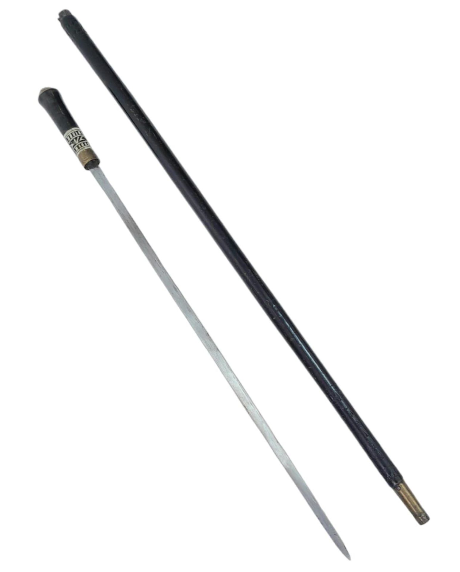An early Bone Inlaid Brass and Hardwood Sword Stick. 92cm Length.