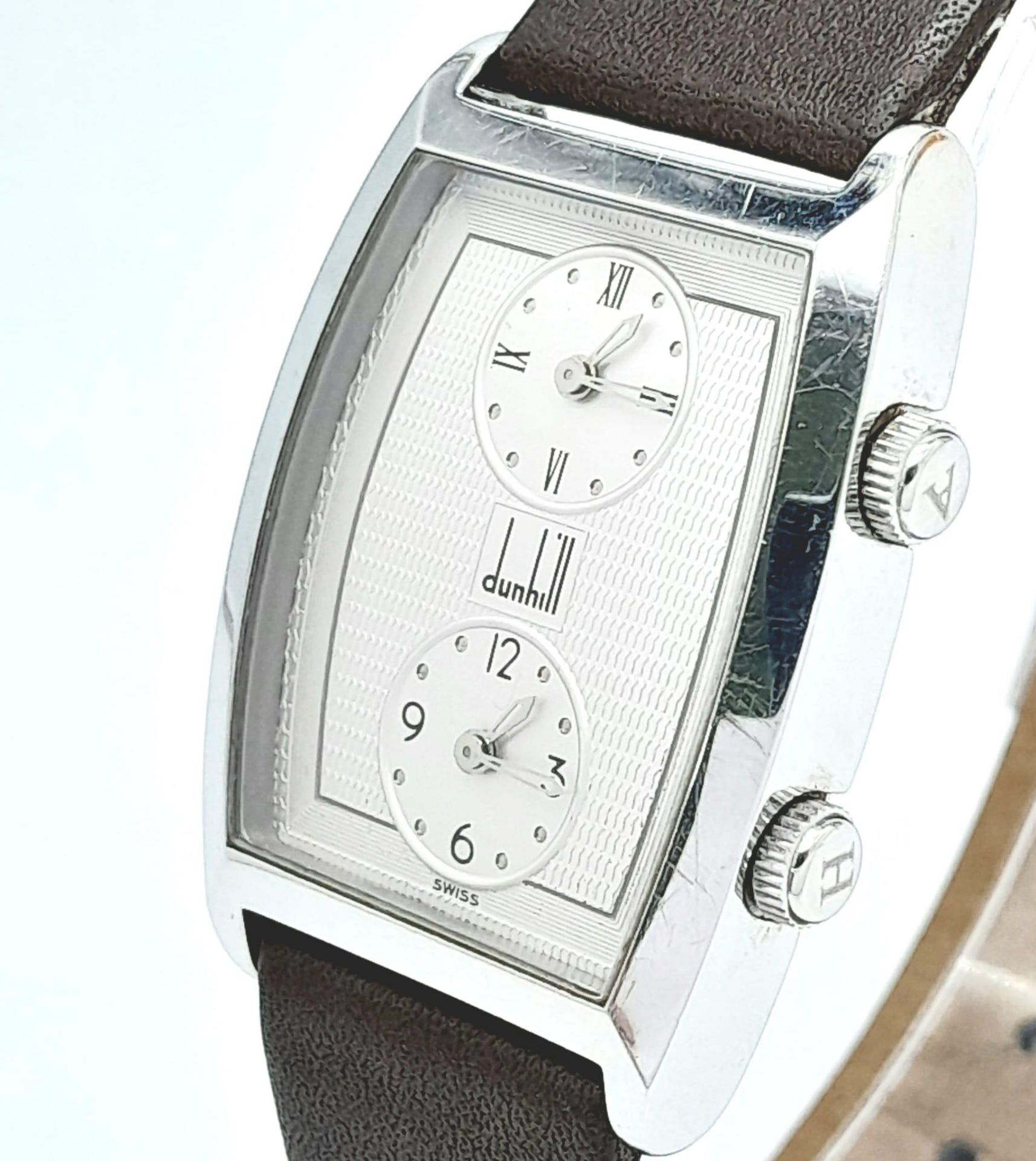 A Vintage Dunhill Quartz Dual Time Watch. Brown leather strap. Stainless steel case - 28mm. - Image 3 of 6