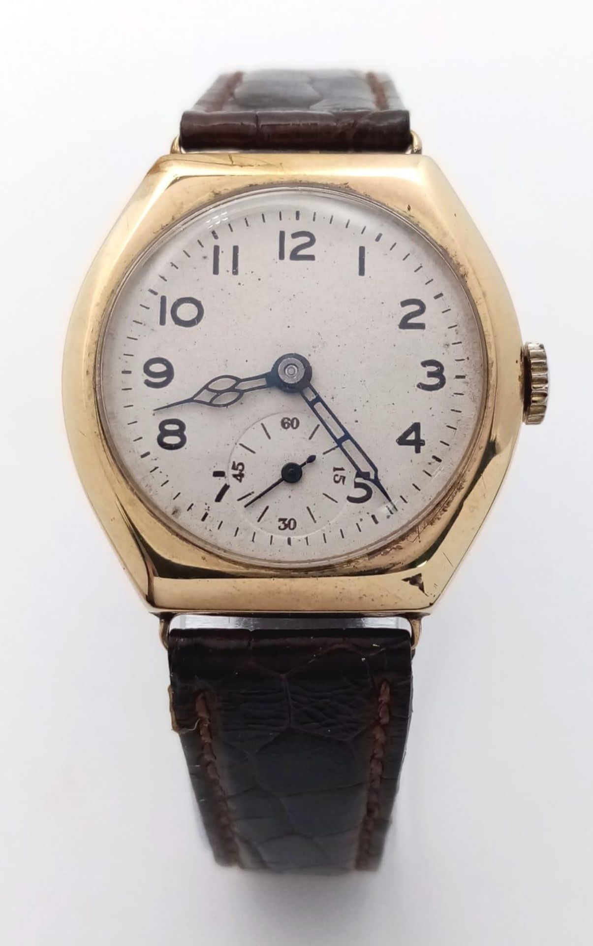 A Vintage 9K Yellow Gold Mechanical Ladies Watch. Brown leather strap. 9K Dennison gold case - 30mm. - Image 2 of 6