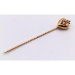 An Antique 9K Yellow Gold and Diamond Heart Stick Pin. 5cm. 0.9g total weight.