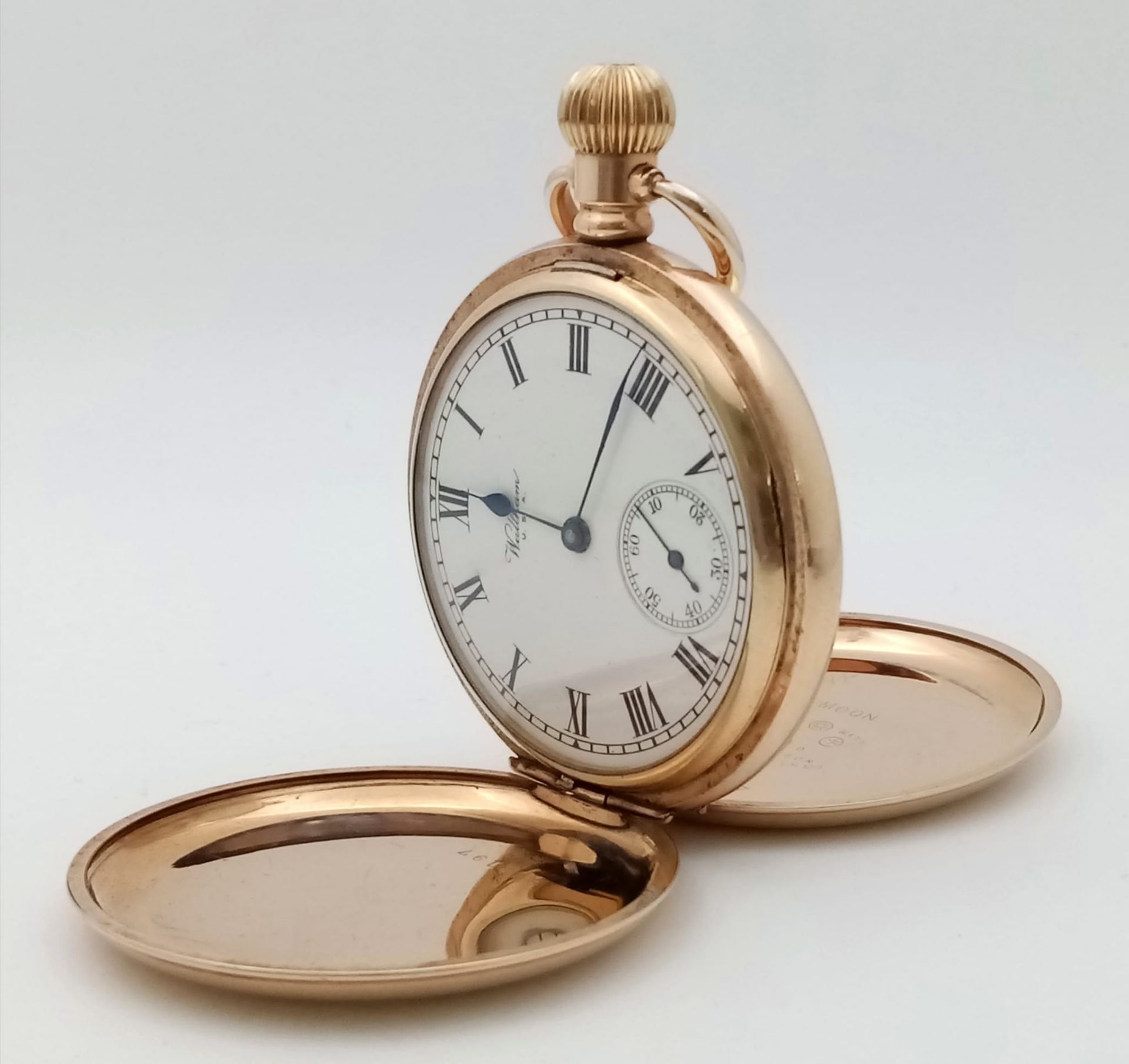 An Antique 10K Gold-Plated Cased Waltham Traveler Full Hunter Pocket Watch. Dennison case. Top winde