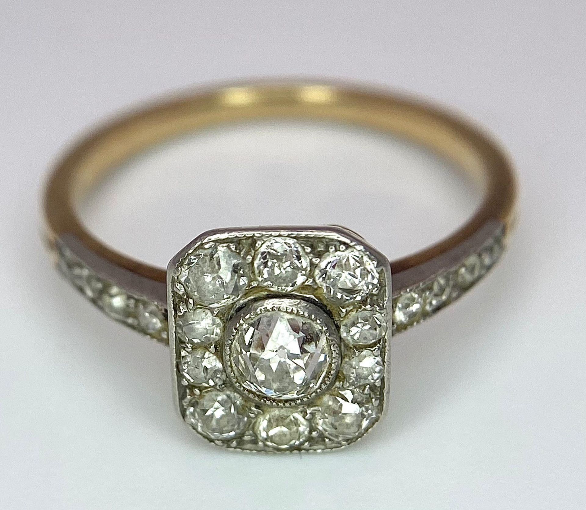 A 9 K yellow gold ring with an ART DECO style diamond cluster and more diamonds on the shoulders, - Image 6 of 8