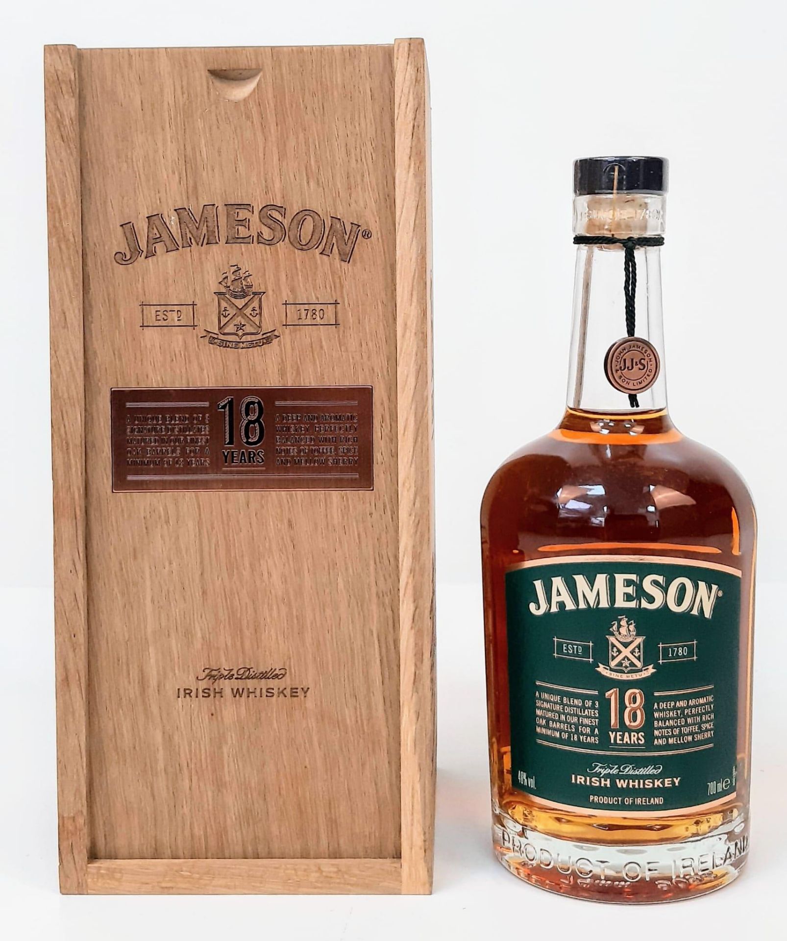 A Wood Boxed Bottle of Unopened Jameson’s 18 Year Old Irish Whisky. 70cl Bottle. Sealed and Tagged