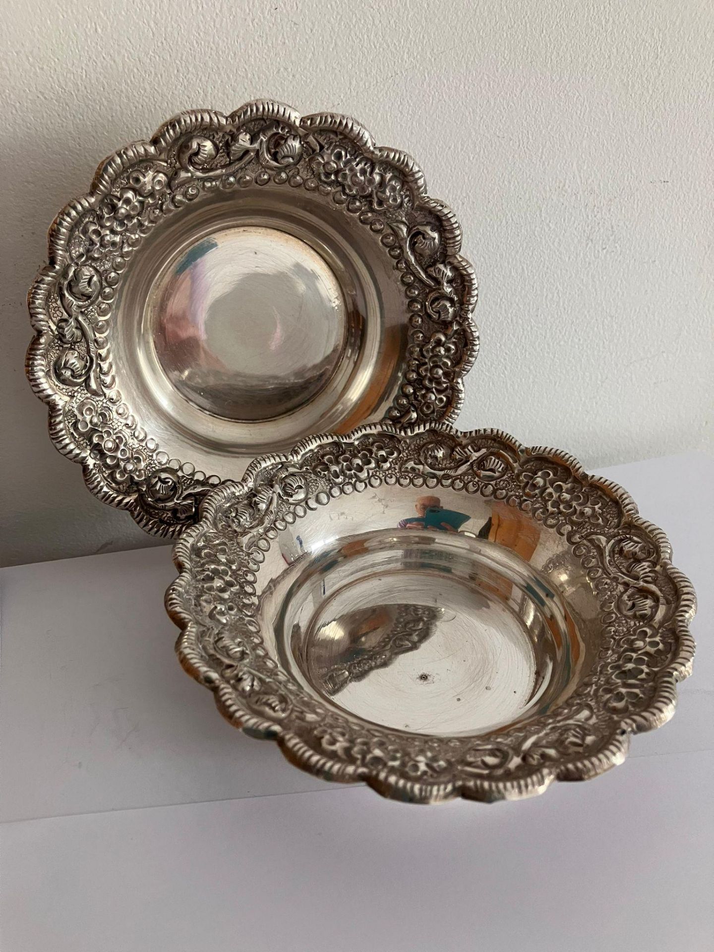 Pair of Vintage MIDDLE EASTERN SILVER DIP BOWLS. Attractive ornate borders with Serpentine Edge. 110