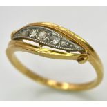 A Vintage 18K Yellow Gold Five Stone Old-Cut Diamond Ring. Size N. 2.7g total weight.