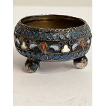 Antique RUSSIAN SILVER SALT having ornate enamel detail. Standing on 3 ball feet. Russian Silver