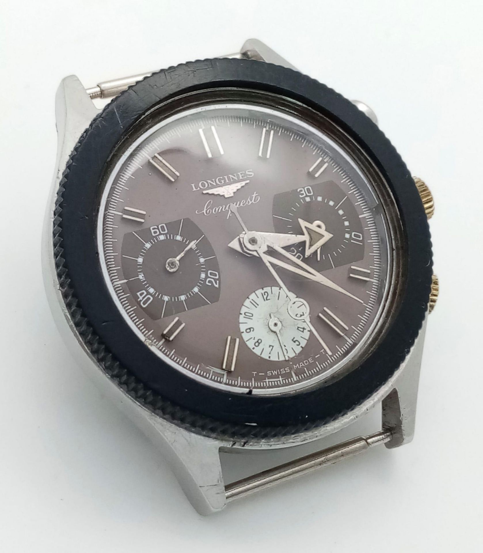 A Vintage Longine Automatic Conquest Gents Watch. CASE ONLY - 39mm. Brown dial with three sub dials. - Image 3 of 5