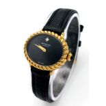 A Raymond Weil Quartz Ladies Watch. Black leather strap. Gilded oval case - 27mm. Black dial.