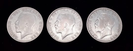 Three George V Silver Half Crowns. 1924,25 and 26. VF grade but please see photos.