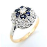 A LOVELY VINTAGE 9K YELLOW GOLD DIAMOND & SAPPHIRE CLUSTER RING, APPROX 0.25CT DIAMONDS, WEIGHT 3.7G