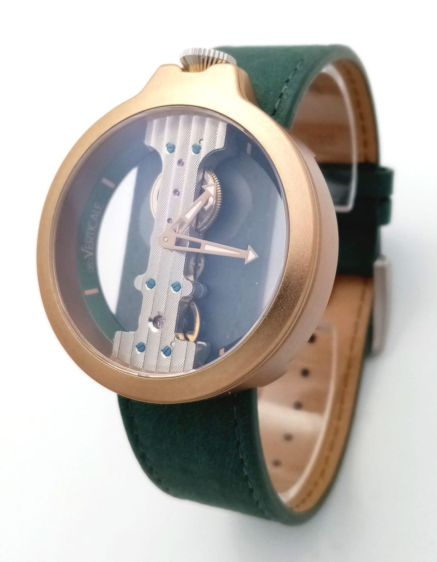 A Verticale Mechanical Top Winder Unisex Watch. Green leather strap. Rose gold tone ceramic gilded