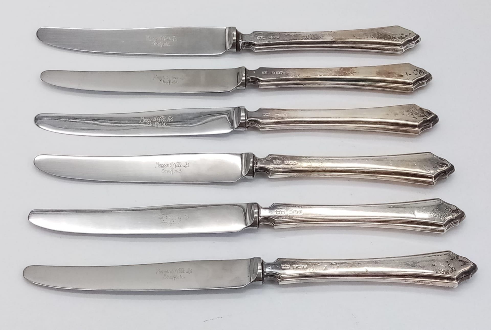 A collection of 6 vintage sterling silver handled Mappin&Web tea knives. Full hallmarks Sheffield, - Image 2 of 6