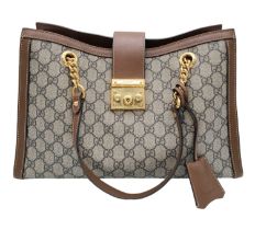 A Gucci GG padlock medium shoulder bag, gold tone hardware, brown suede leather interior. Size