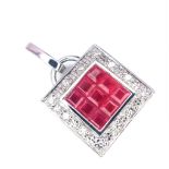 An 18 K white gold, diamond and ruby set, square pendant, weight: 2.4 g.