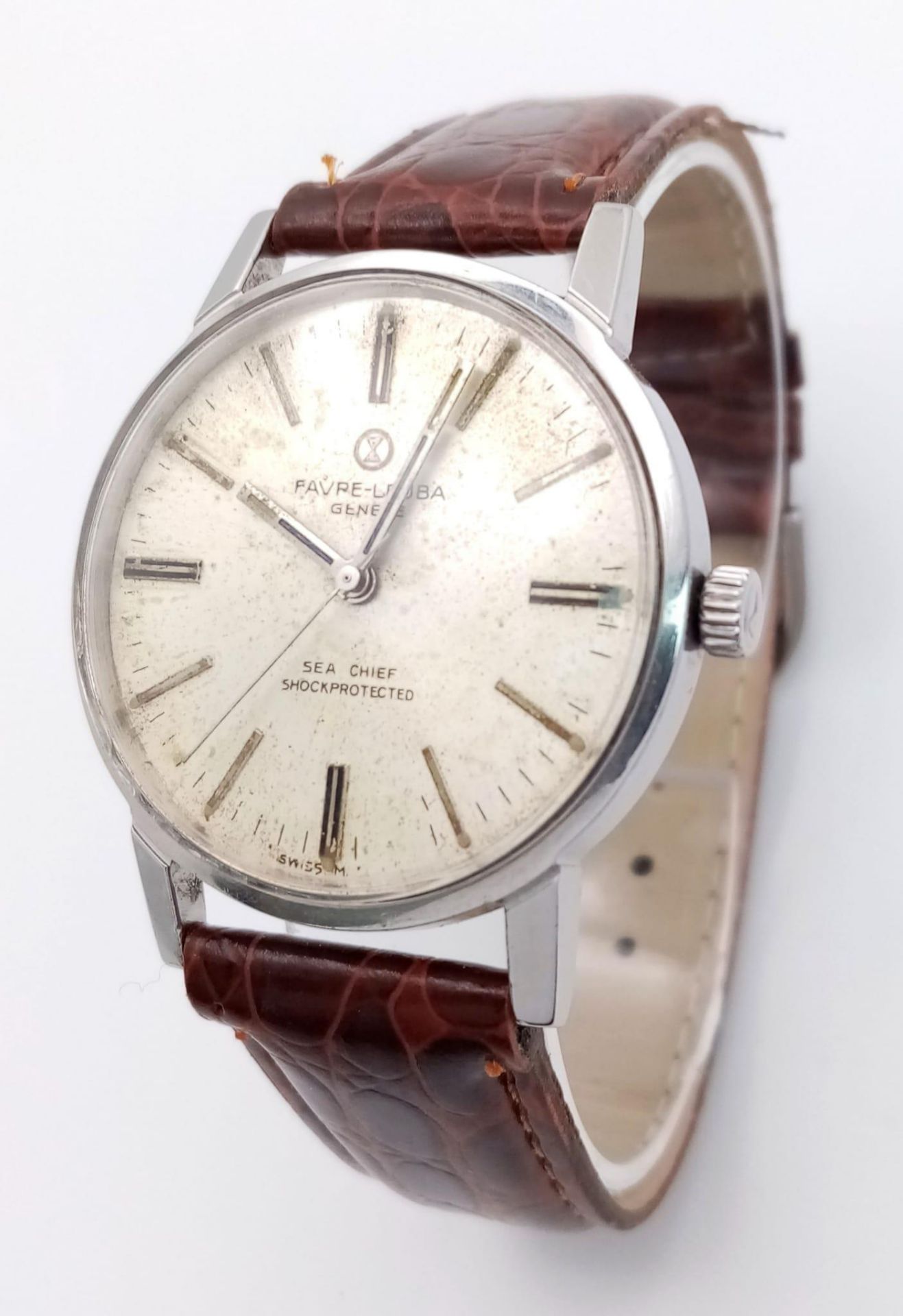 A Vintage Favre-Leuba Sea-Chief Gents Watch. Brown leather strap. Stainless steel case - 35mm. White - Image 2 of 6