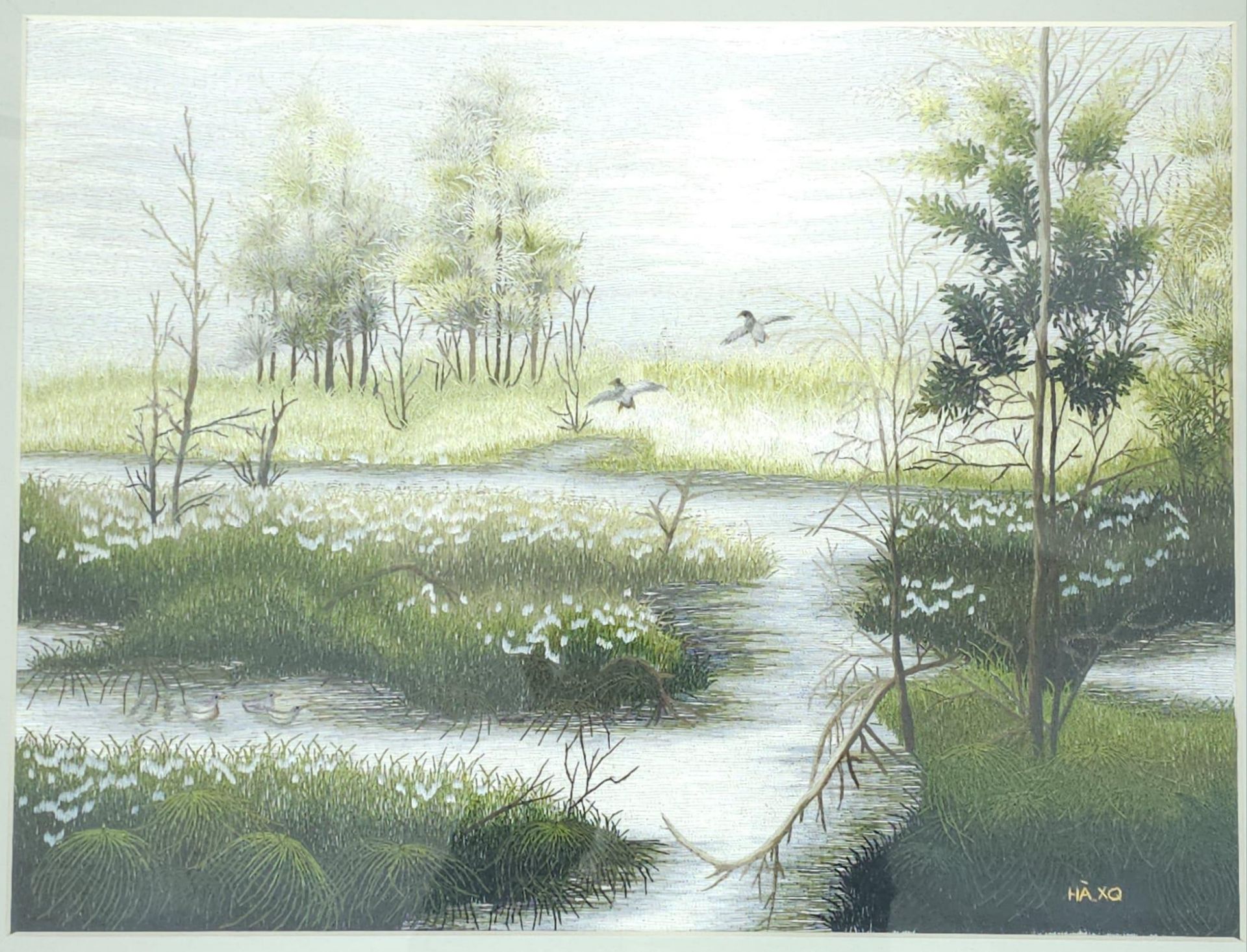 VIETNAMESE HAND EMBROIDERY ON SILK- LANDSCAPE, SIGNED HA XQ. BEAUTIFUL HAND EMBROIDERED ORIENTAL - Image 2 of 6