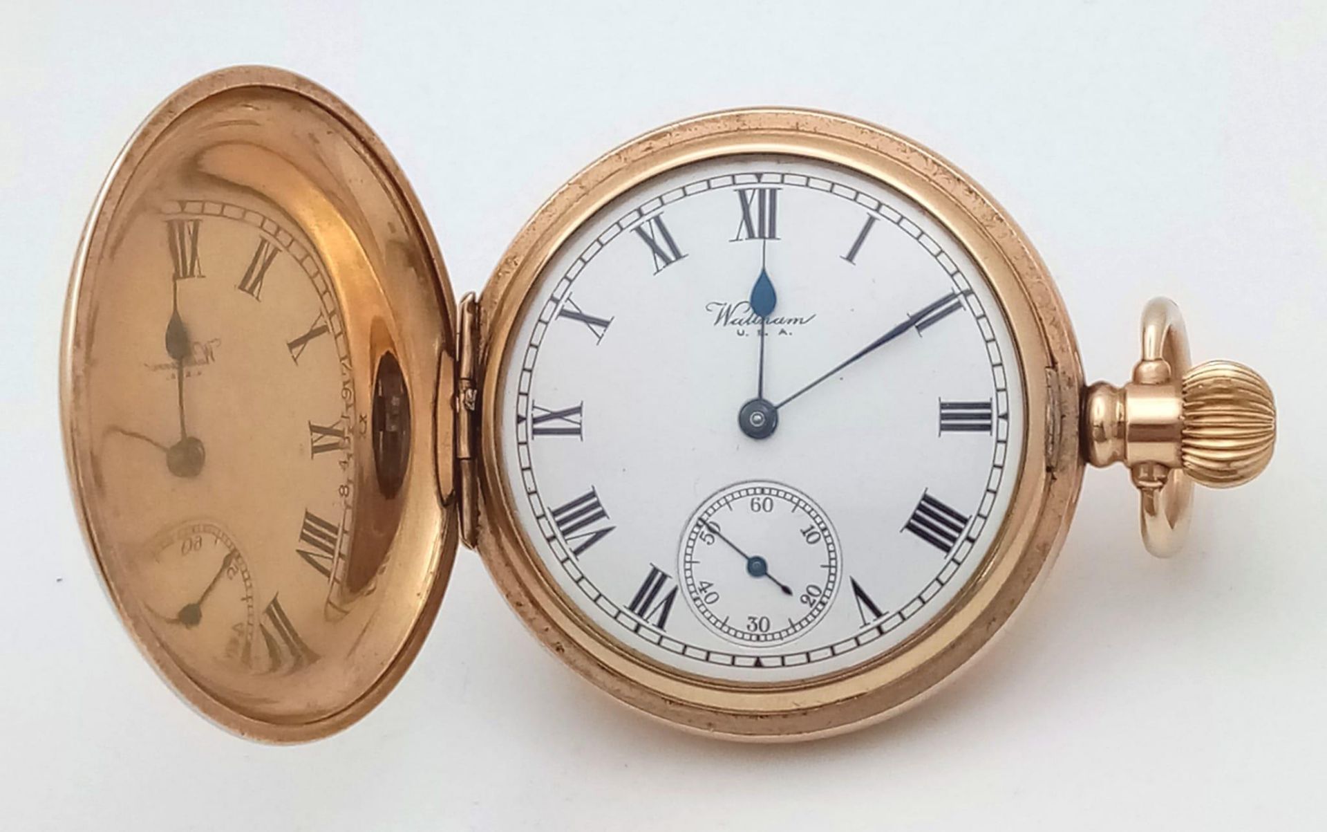 An Antique 10K Gold-Plated Cased Waltham Traveler Full Hunter Pocket Watch. Dennison case. Top winde - Bild 2 aus 12