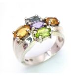 A Very Stylish Vintage Sterling Silver Multi Gemstone Set Cluster Ring Size P. The Ring is set