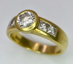 An 18K Yellow Gold Diamond Ring - Main 0.45ct bright white centre stone with 0.35ctw of diamond