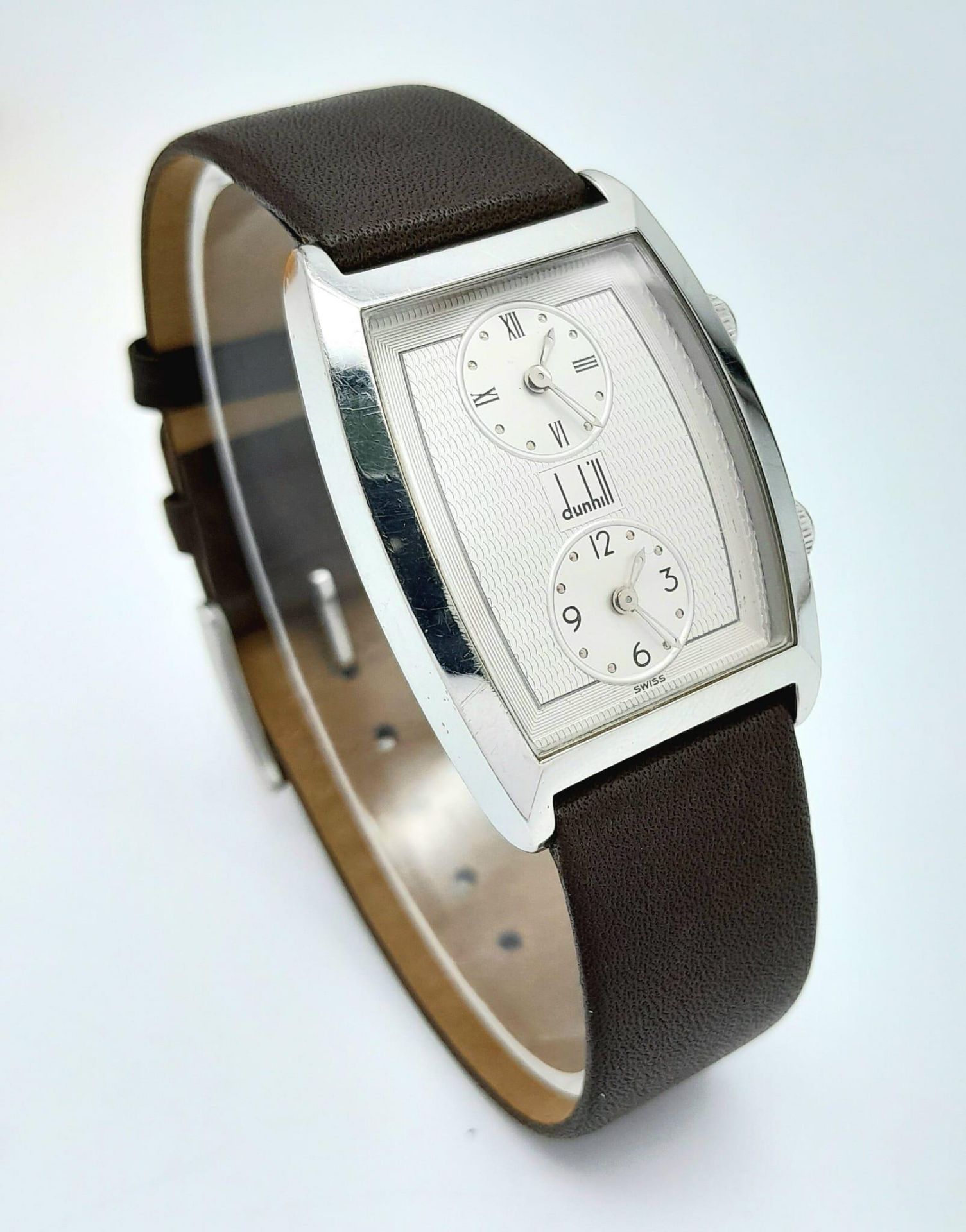 A Vintage Dunhill Quartz Dual Time Watch. Brown leather strap. Stainless steel case - 28mm. - Image 2 of 6
