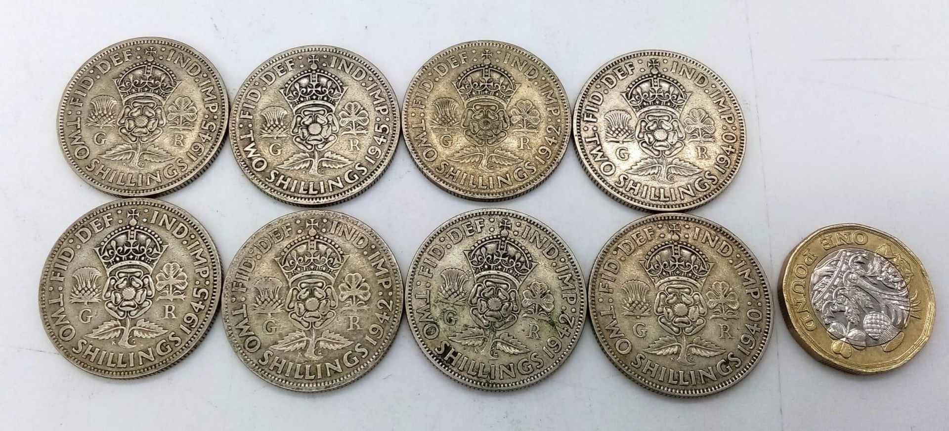 A Parcel of Eight Pre-1947, Silver Two Shilling Coins (Florins) Dates: 2 x 1940, 3 x 1942, 3 x 1945. - Image 3 of 3