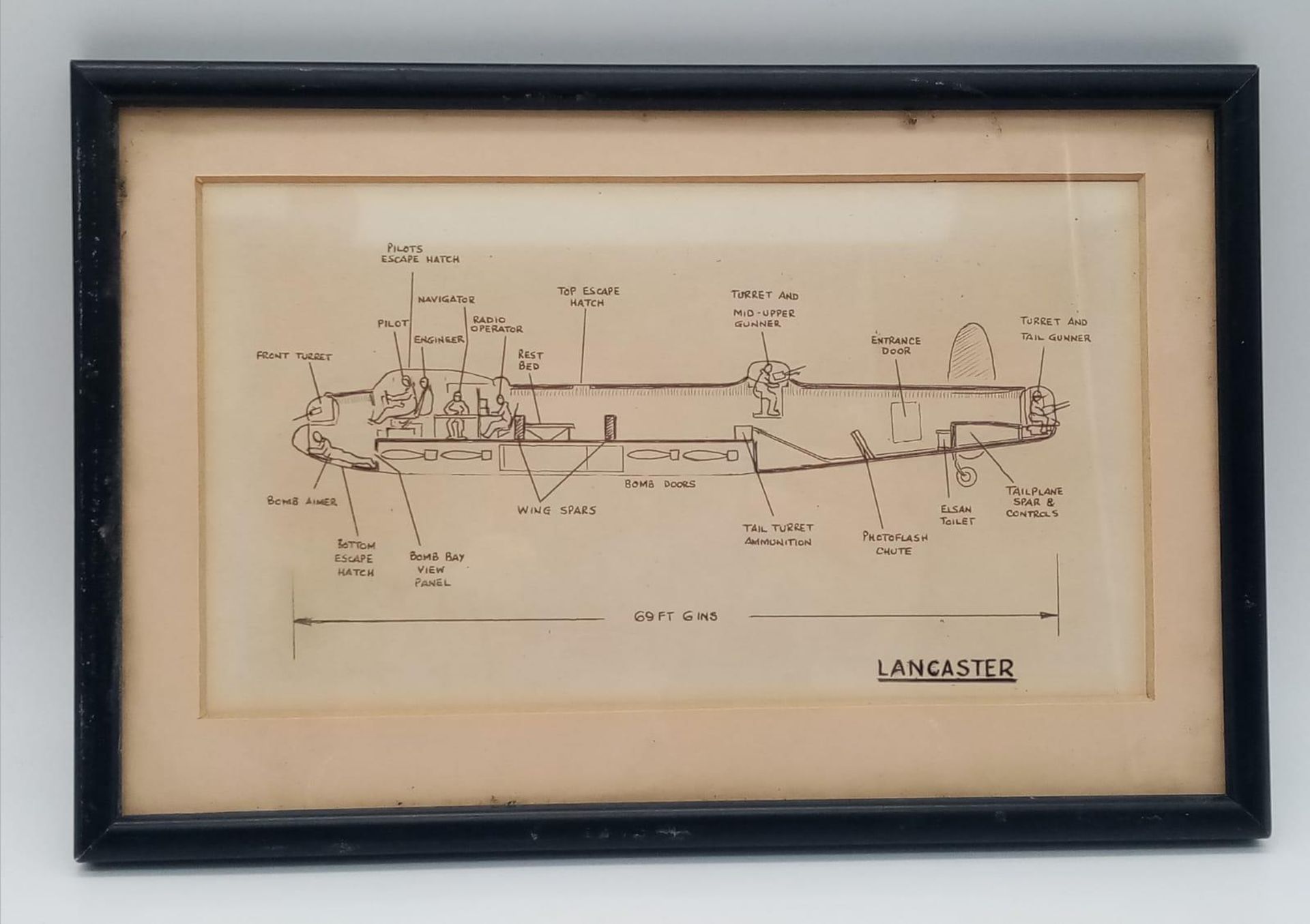 A Fascinating Vintage Hand-Drawn Picture of the Inner Workings of a Lancaster Bomber. In frame -