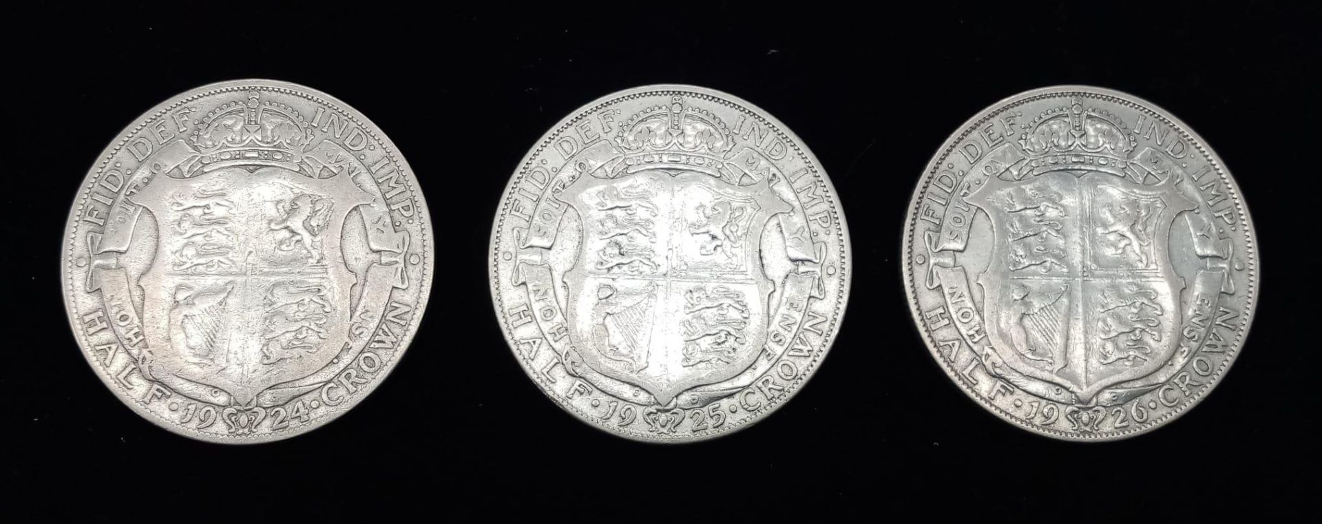 Three George V Silver Half Crowns. 1924,25 and 26. VF grade but please see photos. - Image 2 of 3