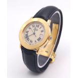 A Must De Cartier Gold Plated Silver Quartz Ladies Watch. Black leather strap. Gold plated silver