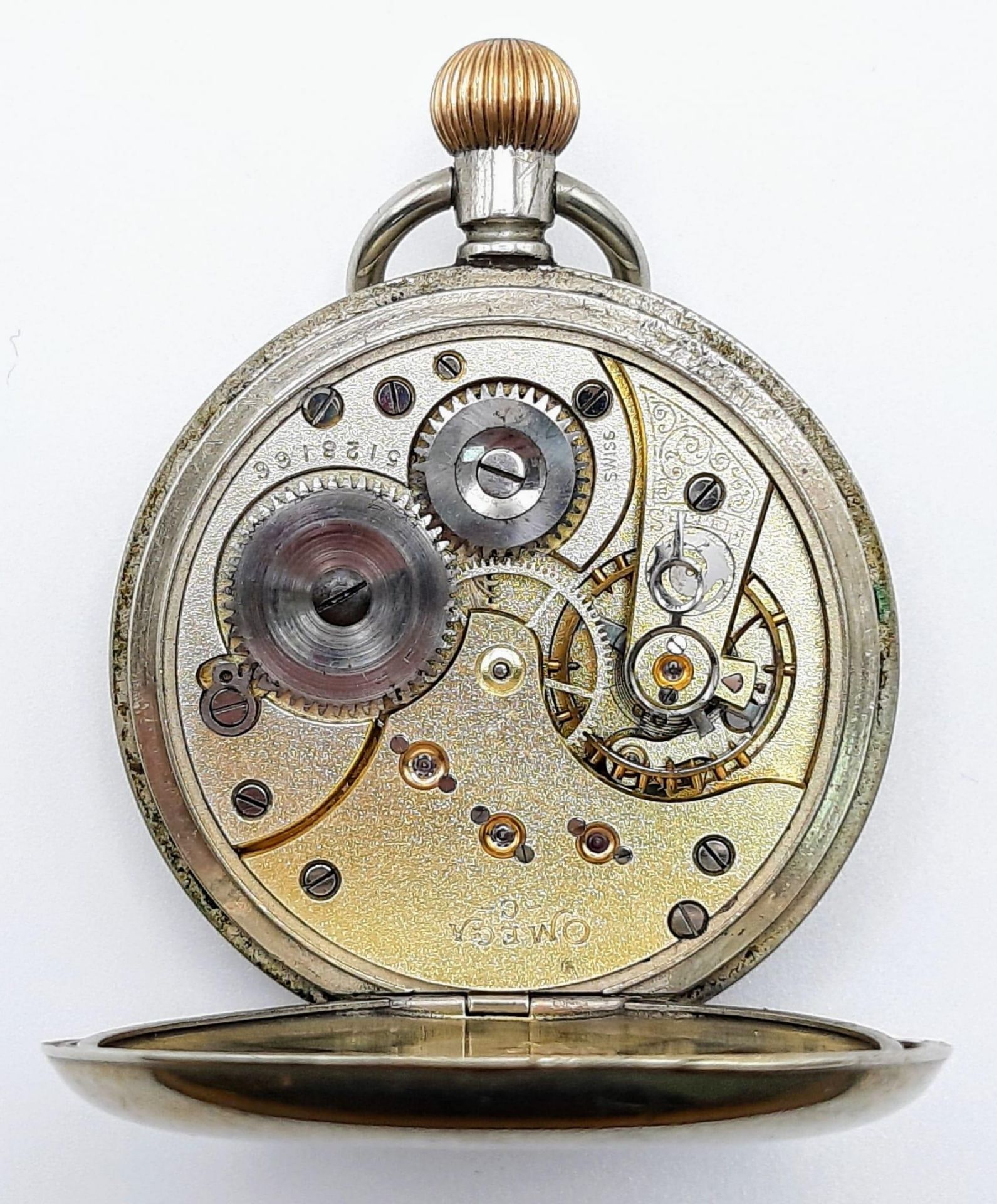 An Antique (WWI Era) Omega White Metal Pocket Watch. 5128166 movement. White dial with second sub - Bild 6 aus 6