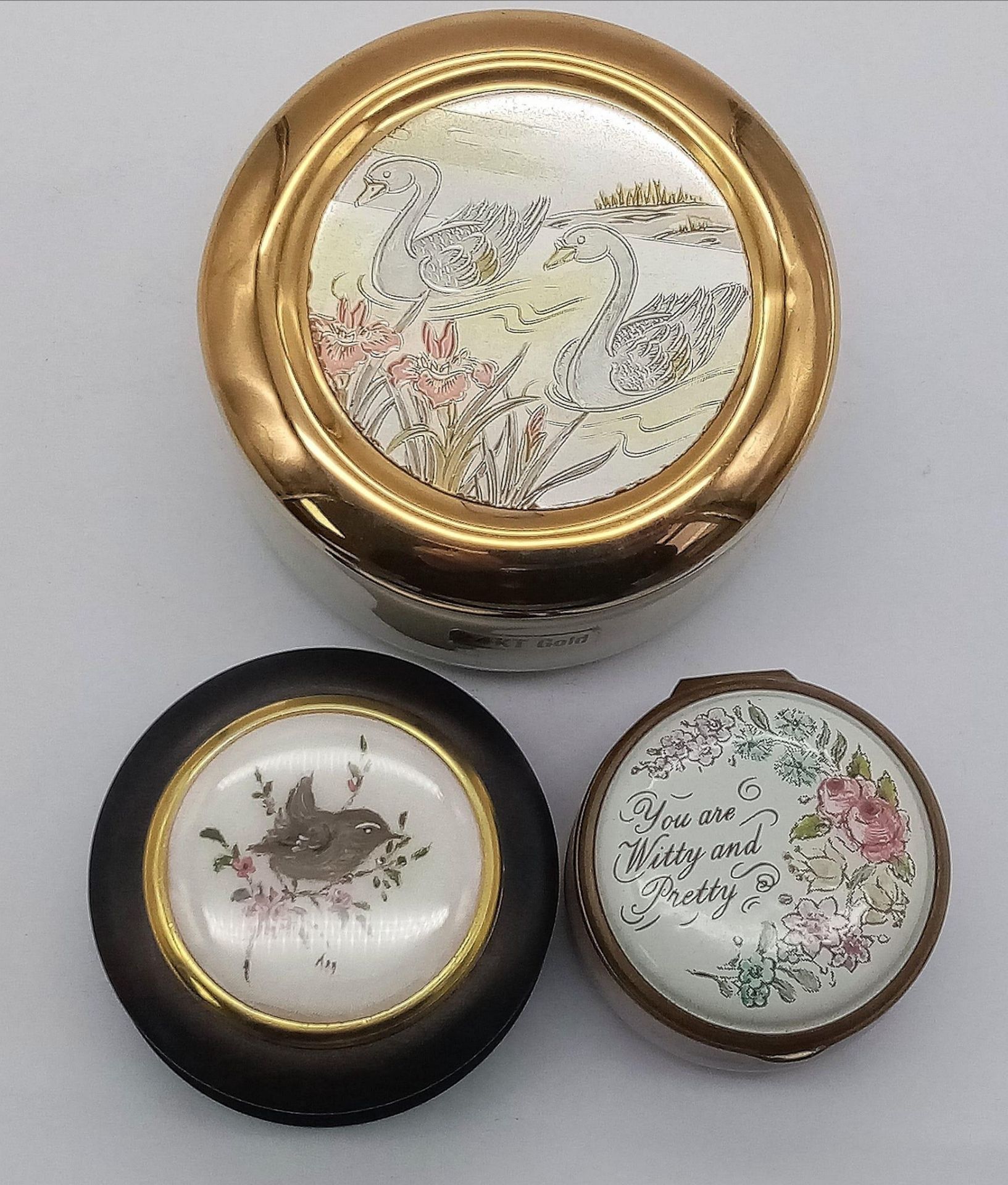 3 NICE TRINKET BOXES , ONE ORIENTAL GILDED WITH 24K GOLD, ONE ENGLISH ENAMEL AND AN INDIAN WOODEN