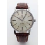 A Vintage Favre-Leuba Sea-Chief Gents Watch. Brown leather strap. Stainless steel case - 35mm. White