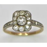 A 9 K yellow gold ring with an ART DECO style diamond cluster and more diamonds on the shoulders,