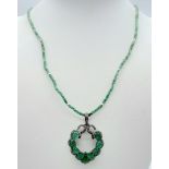An Emerald and Diamond Pendant on 925 Silver with a Green Chalcedony Necklace. 3.4ctw emeralds, 0.
